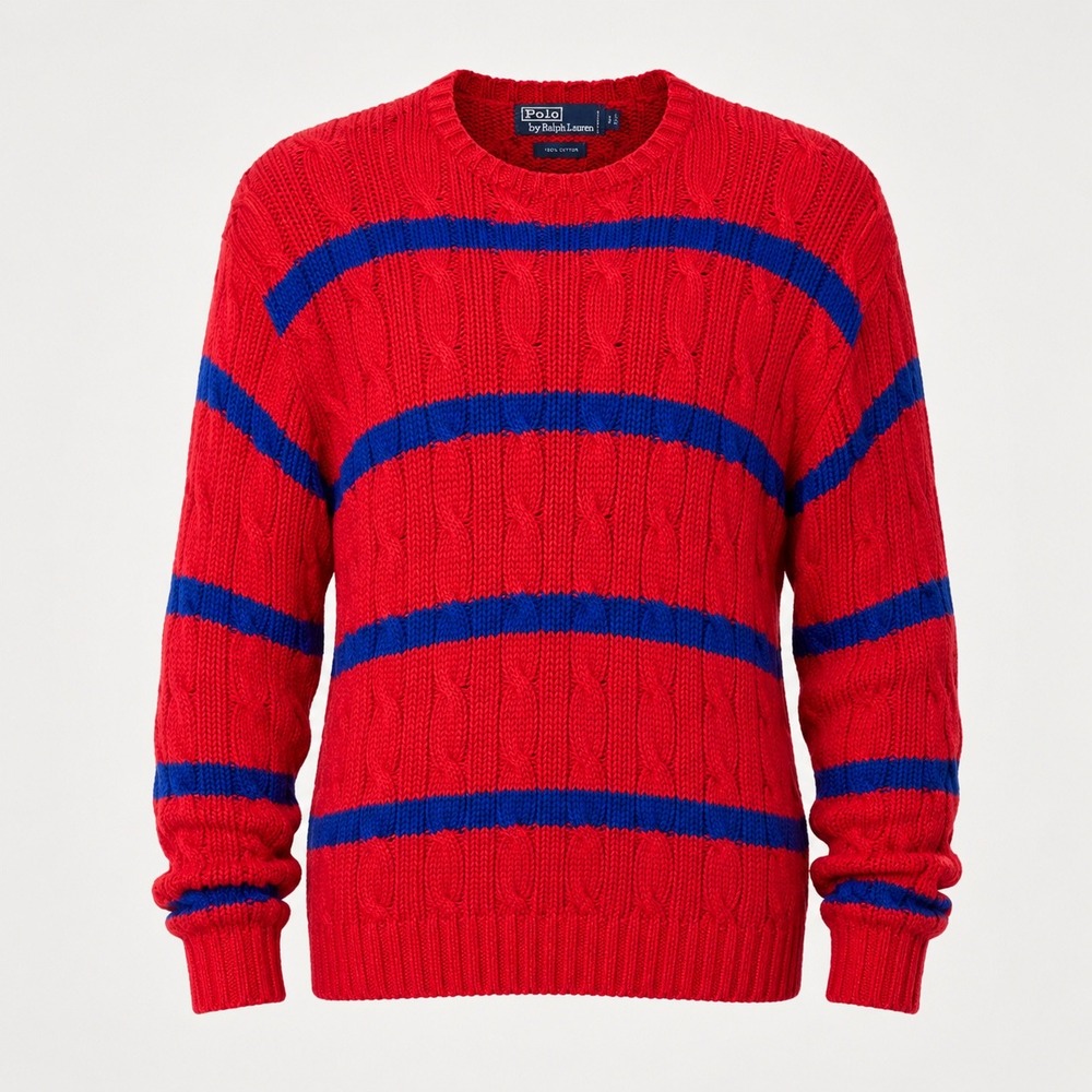 90s Ralph Lauren Sweater Mens L Red Striped Cable Knit Blue Cotton Crewneck Prep